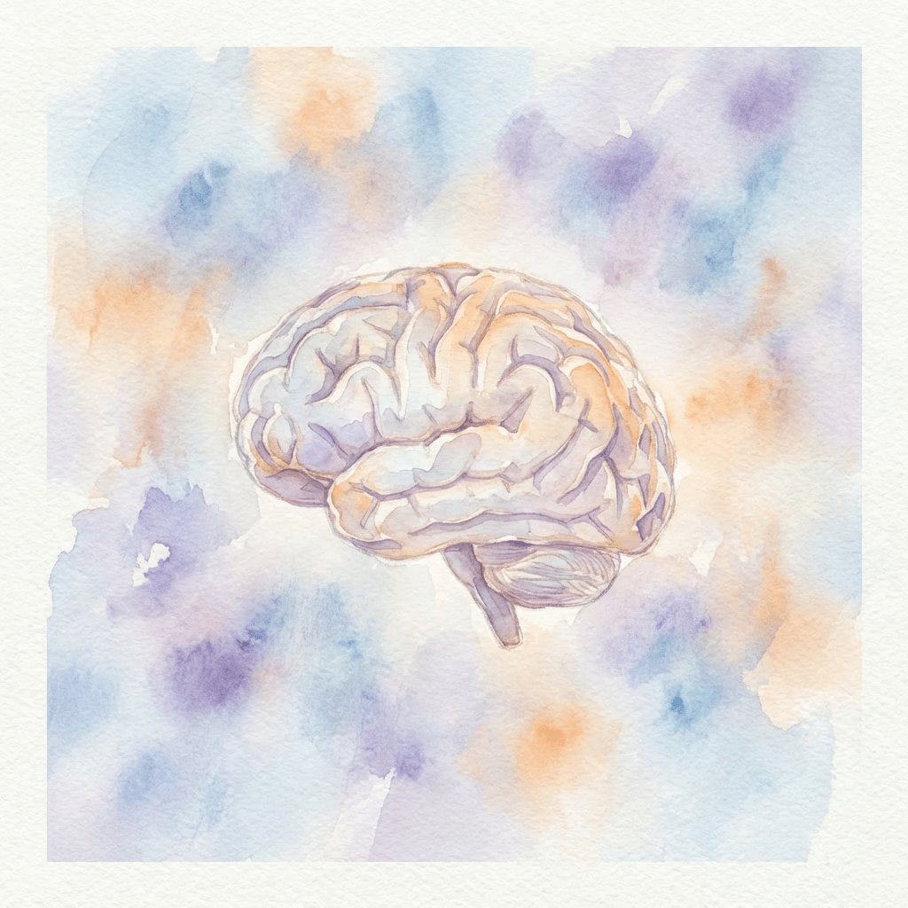 Glowing translucent human brain centered amidst vibrant blue and orange electrical wave patterns.