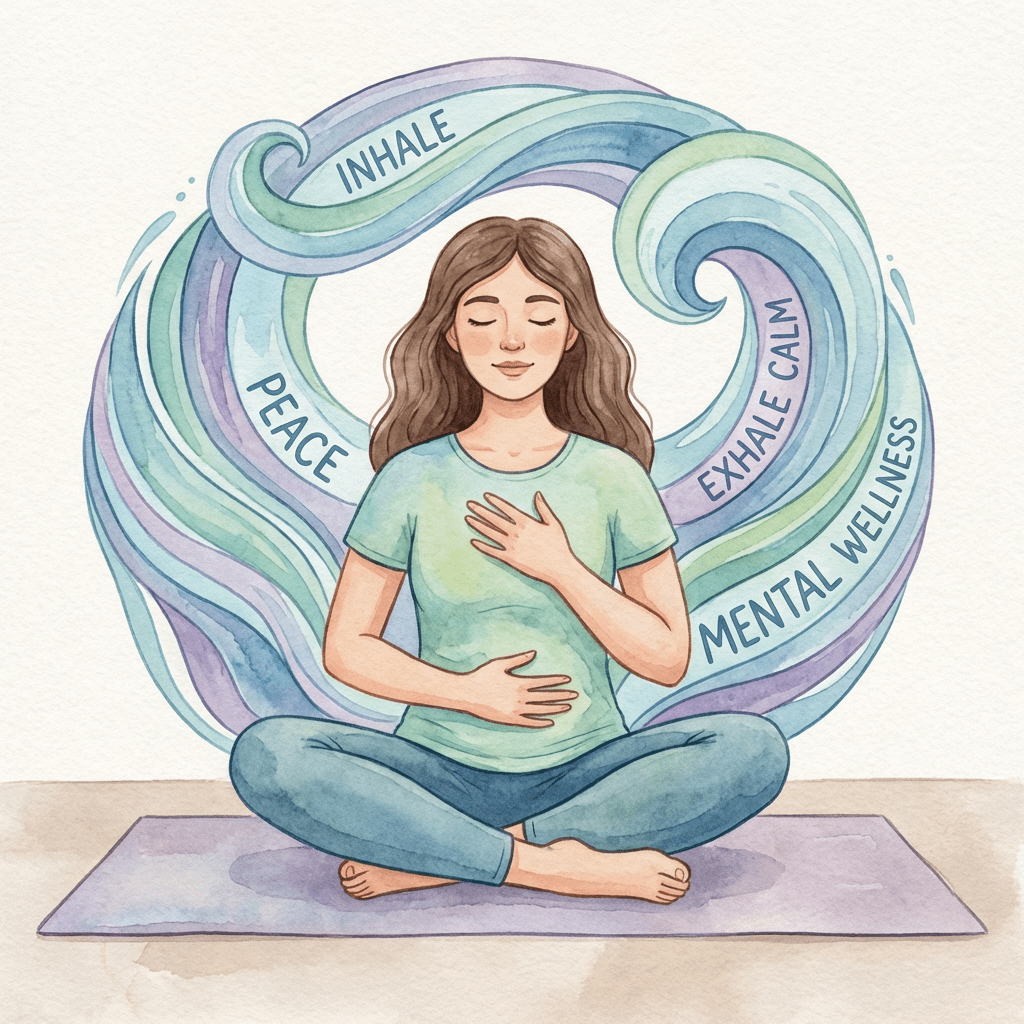 Illustration of woman meditating with text: INHALE, PEACE, EXHALE CALM, MENTAL WELLNESS.