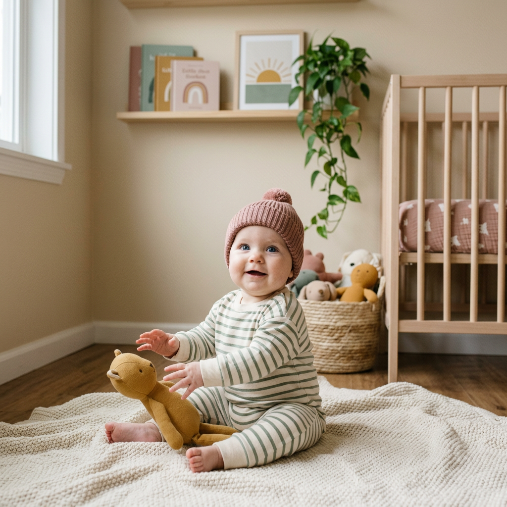 Baby sitting on blanket in nursery playing with stuffed toy