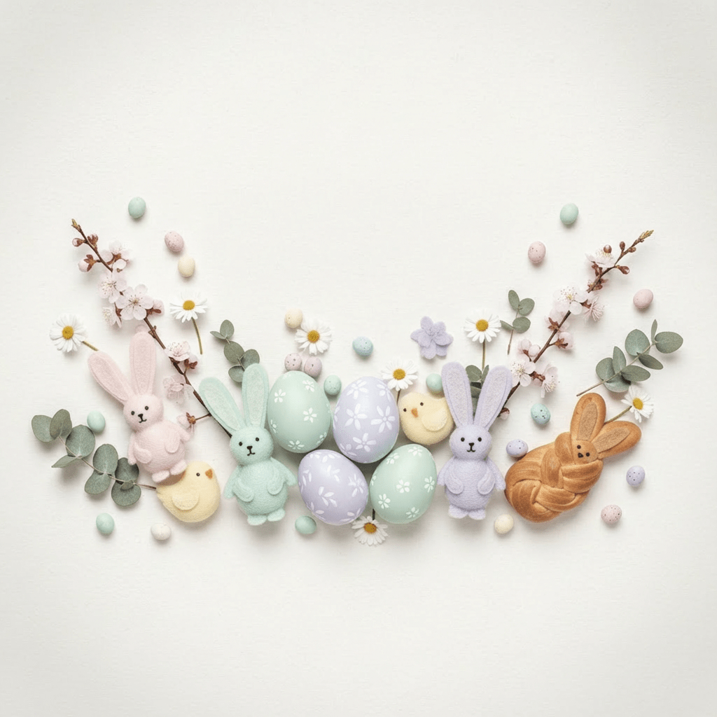 Pastel Easter eggs, felt bunnies, and spring blossoms arranged in a decorative curve.