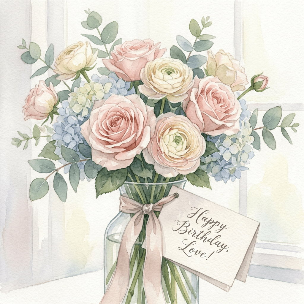 Watercolor of roses and hydrangeas in a vase with a tag reading 'Happy Birthday, Love!'