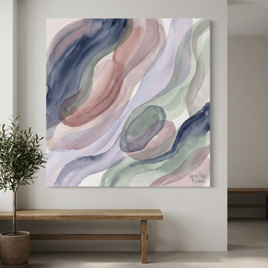 Abstract watercolor painting with flowing muted shapes and the text HEALING FLOWS.