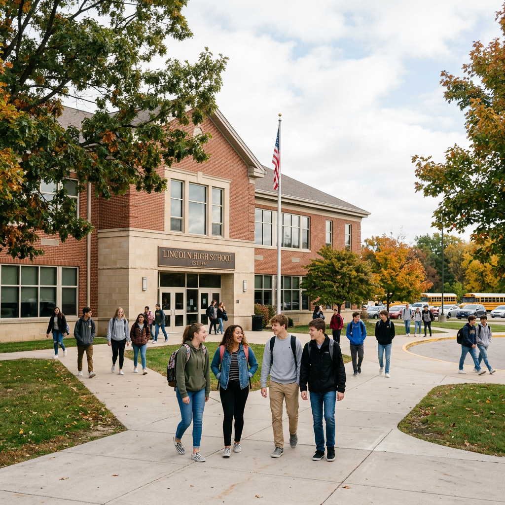 Groups of high school students walking on sidewalks outside Lincoln High School building